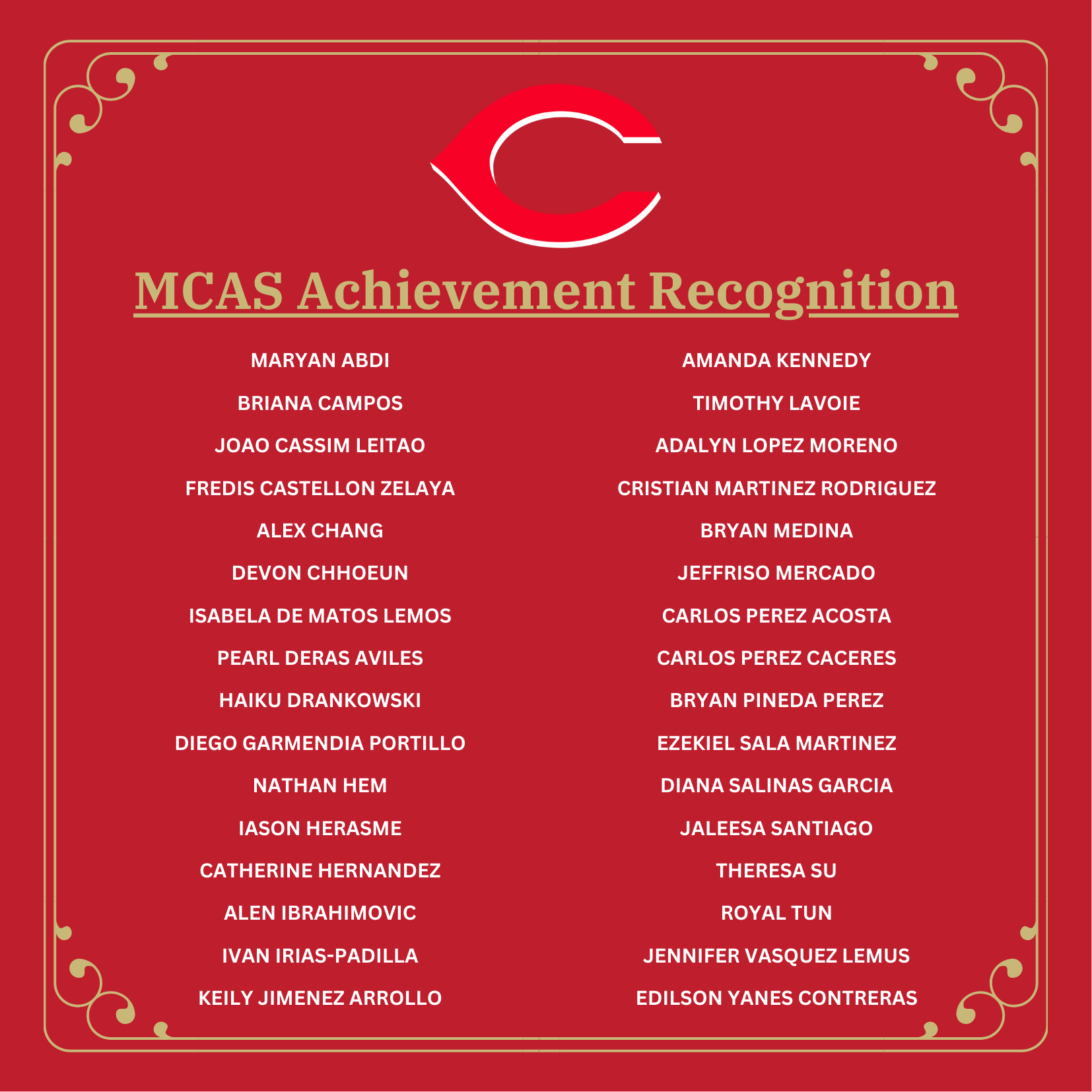 Names of students recognized for their performance on the 2023 MCAS Exams